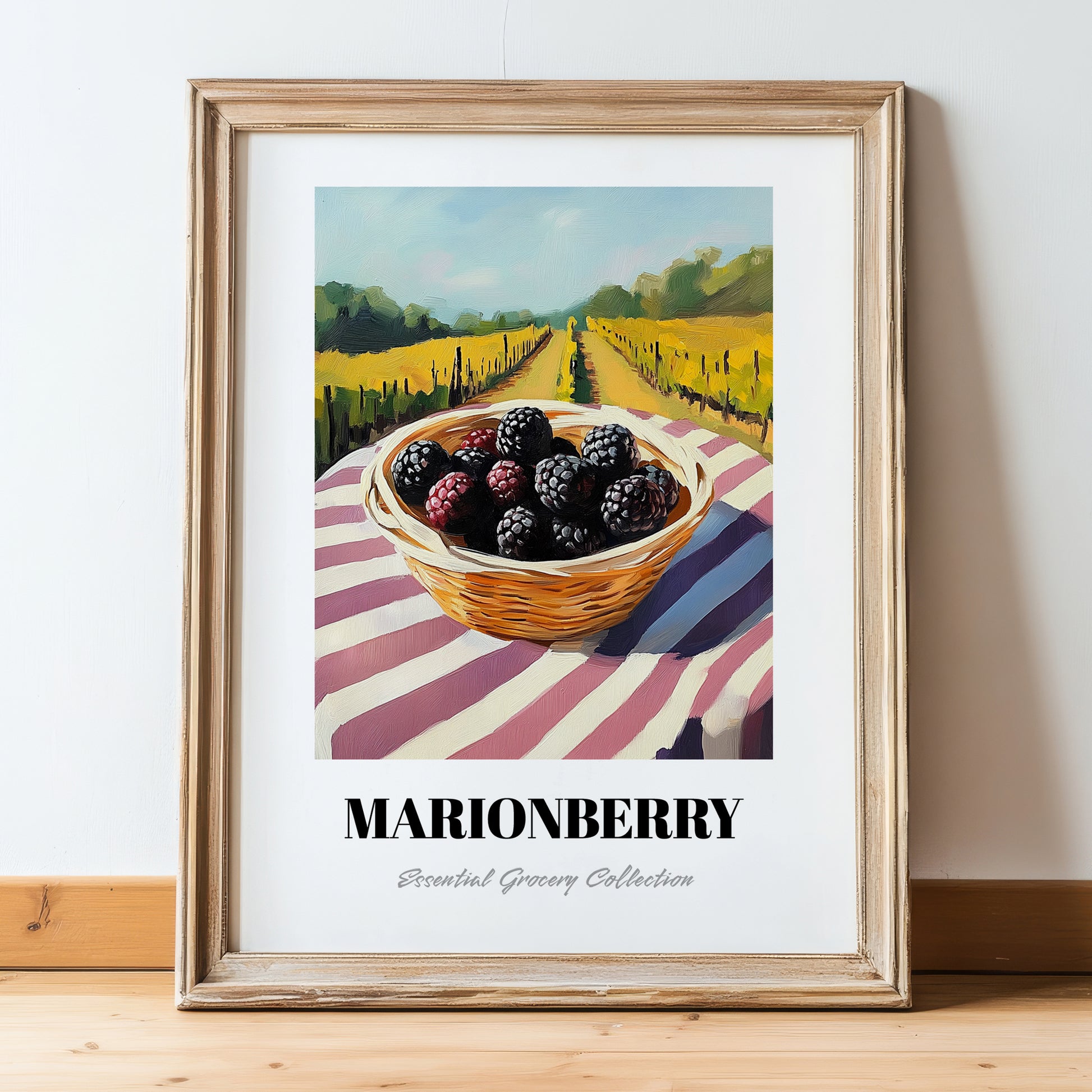 Marionberry – Valley Café Scene, Berries Art, in wooden frame leaning on the floor