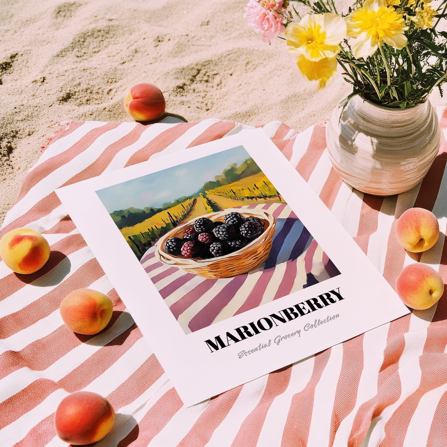 Marionberry – Valley Café Scene, Berries Art, unframed on coastal sand