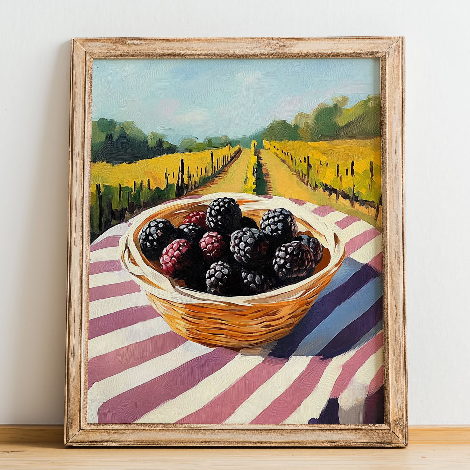 Marionberry – Valley Café Scene, Berries Art, no-text version framed in wood