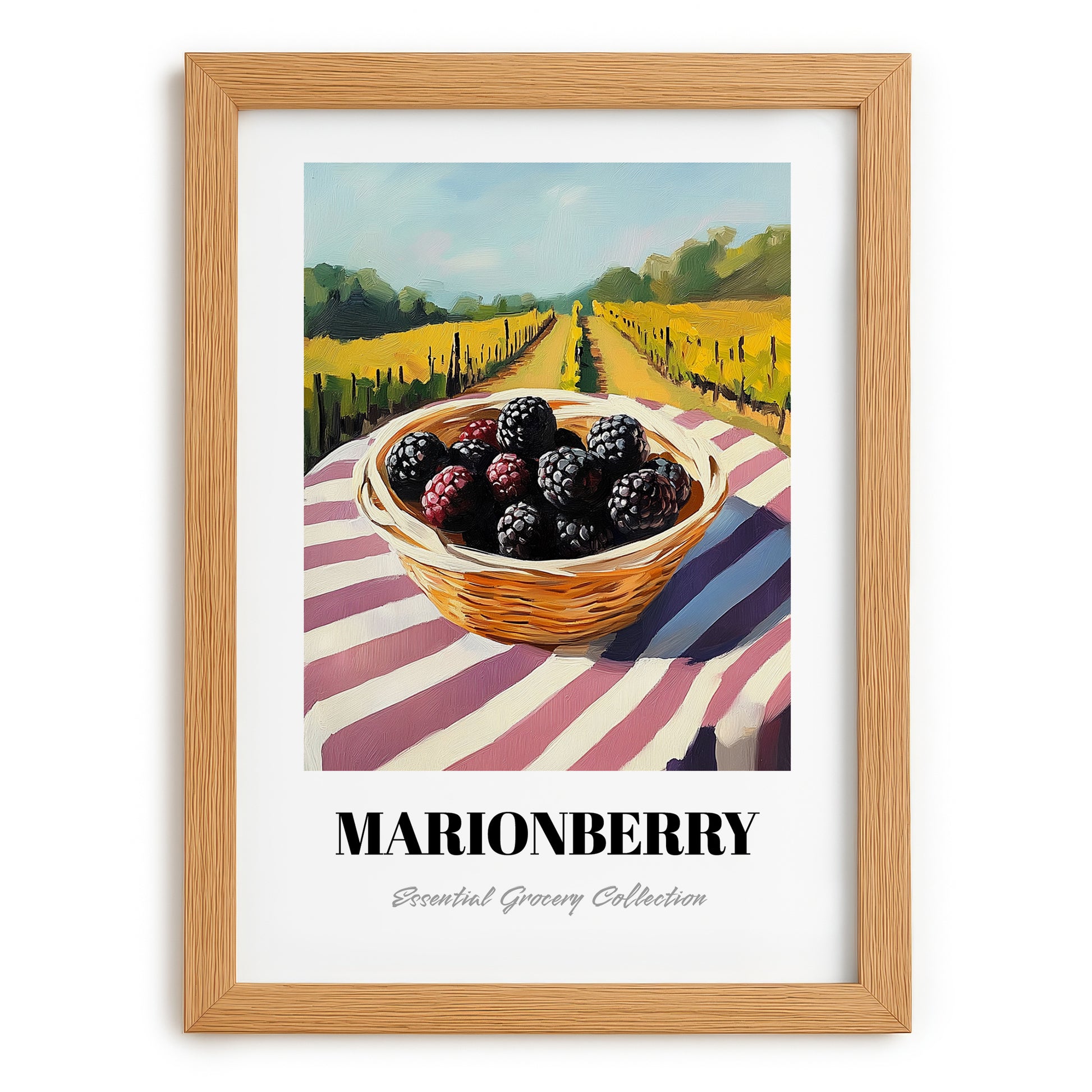 Marionberry – Valley Café Scene, Berries Art, set in oak frame