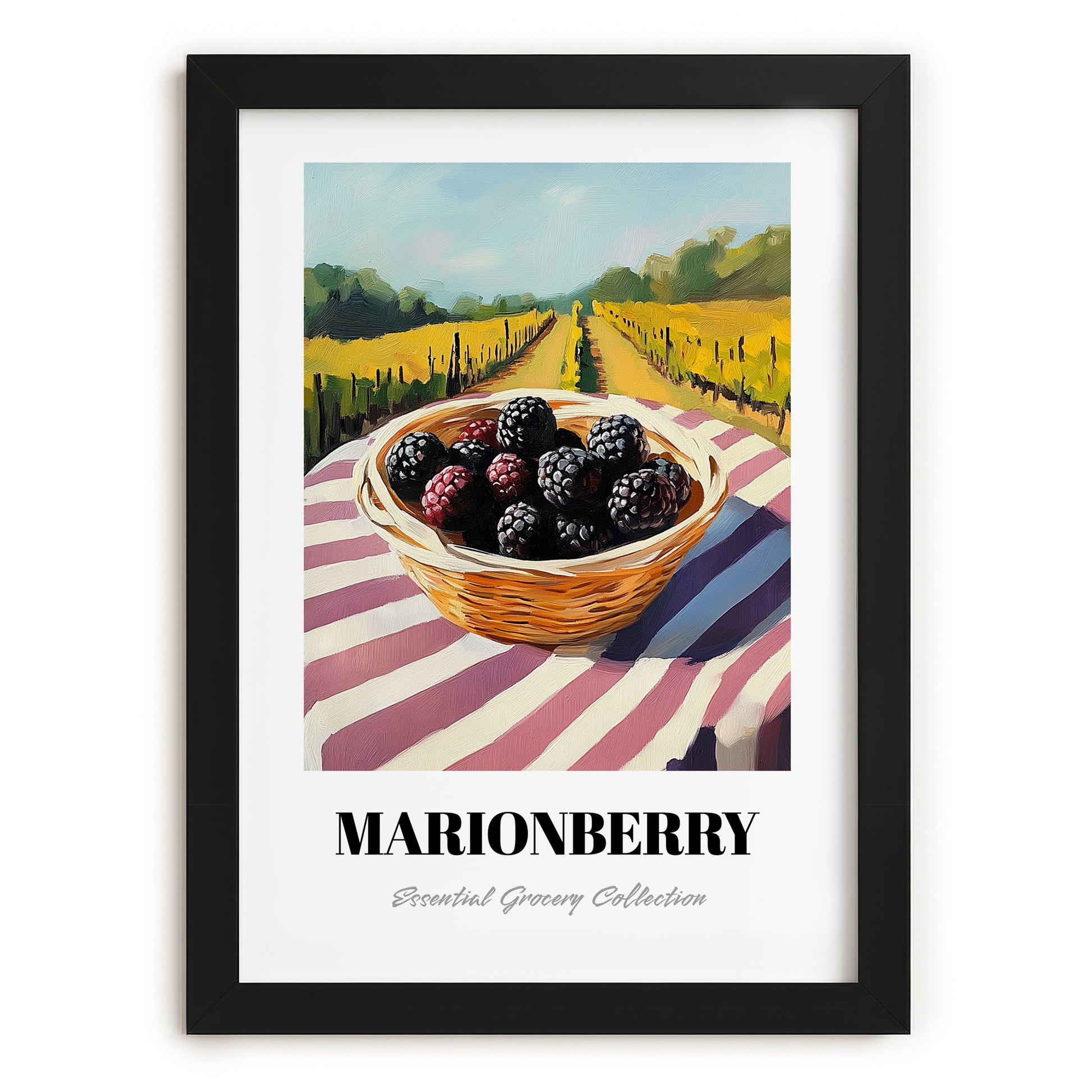 Marionberry – Valley Café Scene, Berries Art, in sleek black frame