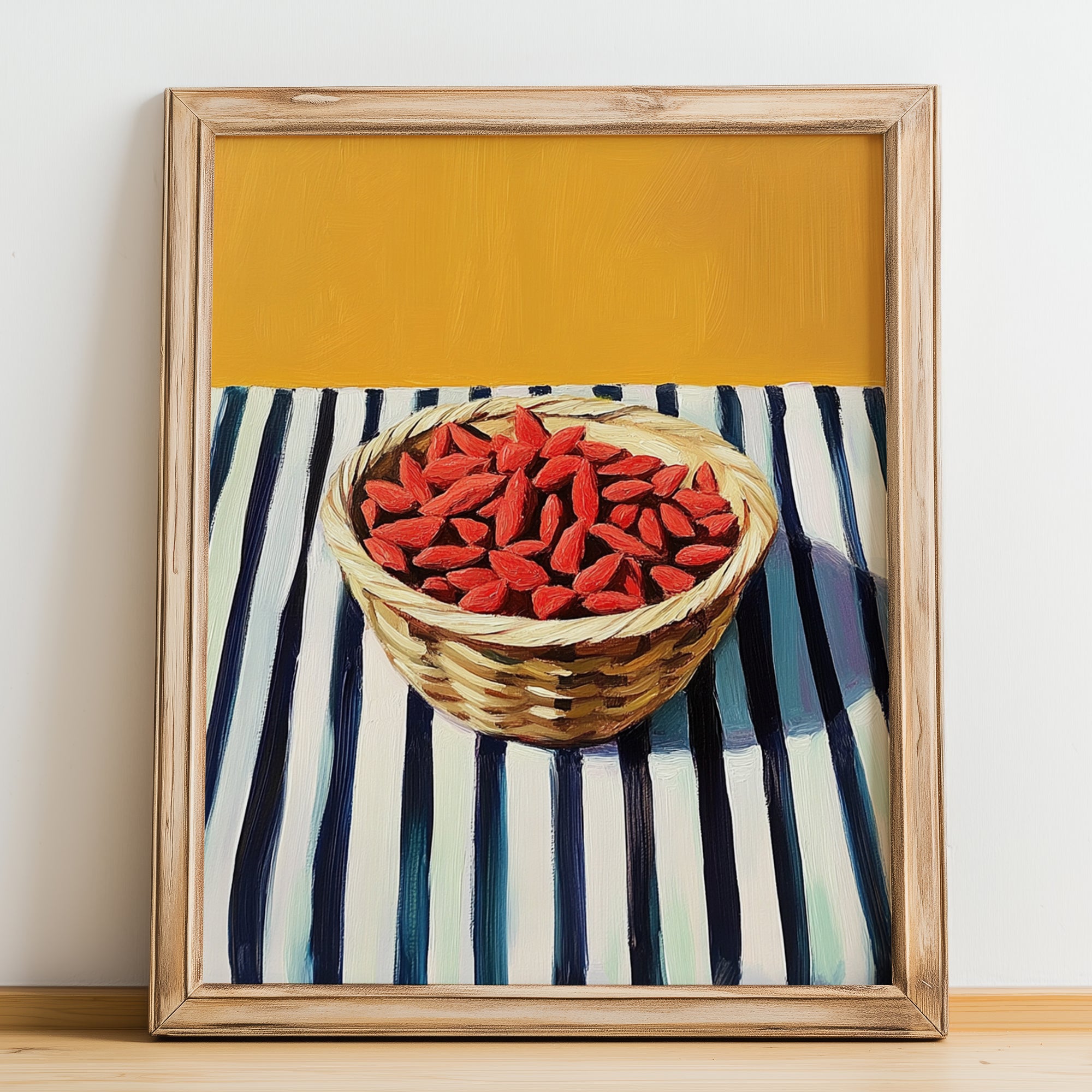 Goji – on Striped Tablecloth, Berries Wall Decor, no-text version framed in wood