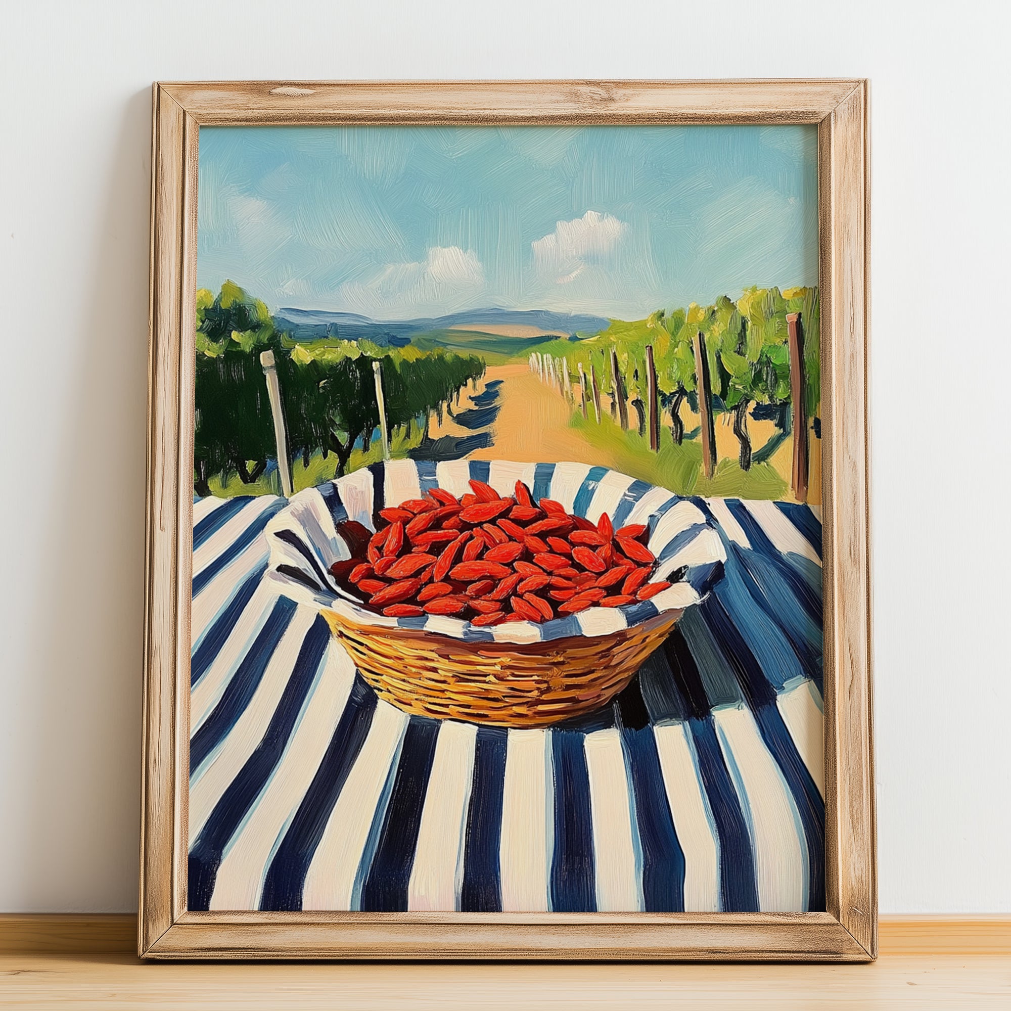 Goji – Green Valley Landscape, Berries Wall Art, no-text version framed in wood