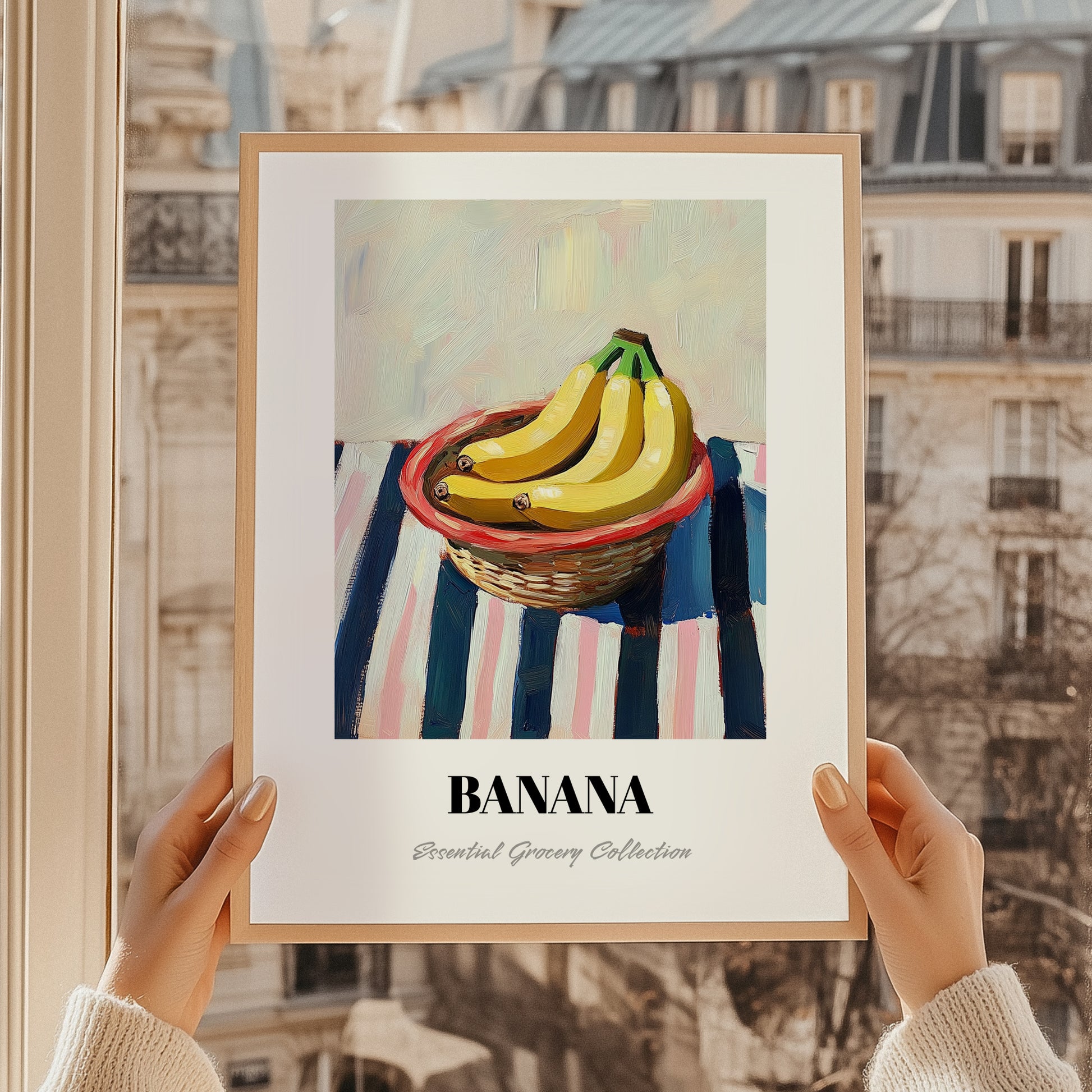 Banana – on Striped Tablecloth, Fruit Wall Decor, styled in a charming Paris street view