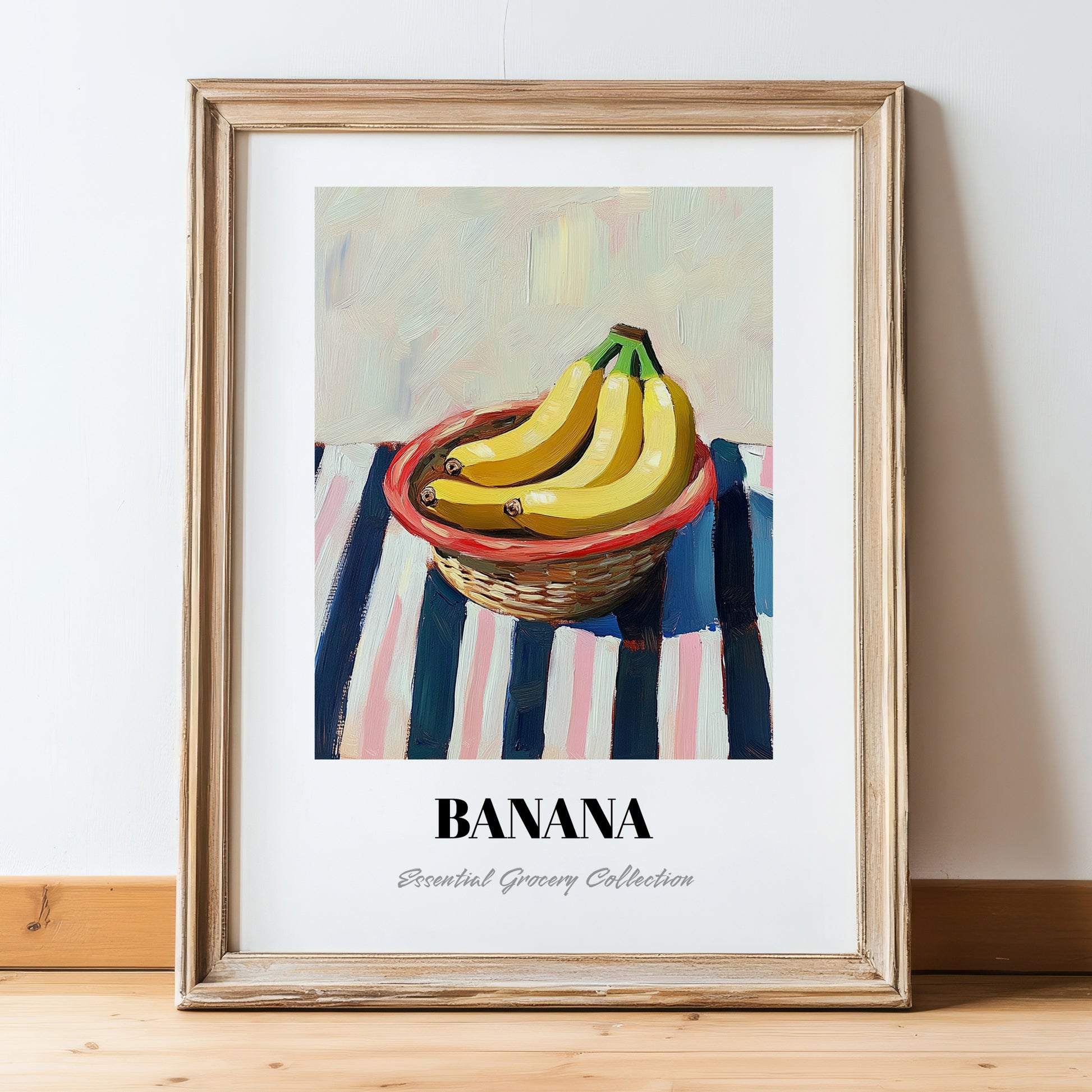 Banana – on Striped Tablecloth, Fruit Wall Decor, in wooden frame leaning on the floor