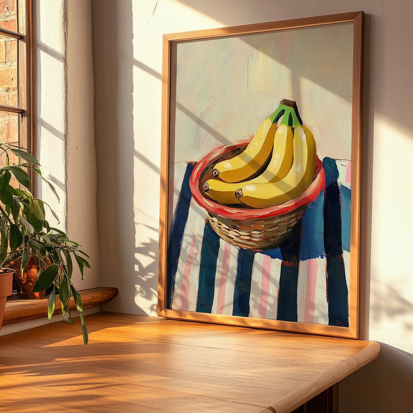 Banana – on Striped Tablecloth, Fruit Wall Decor, clean layout with no caption