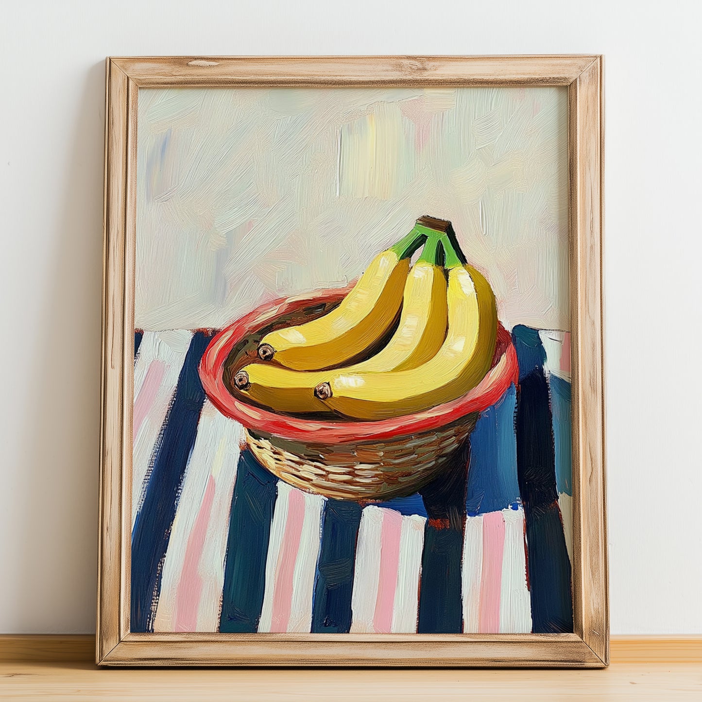Banana – on Striped Tablecloth, Fruit Wall Decor, no-text version framed in wood