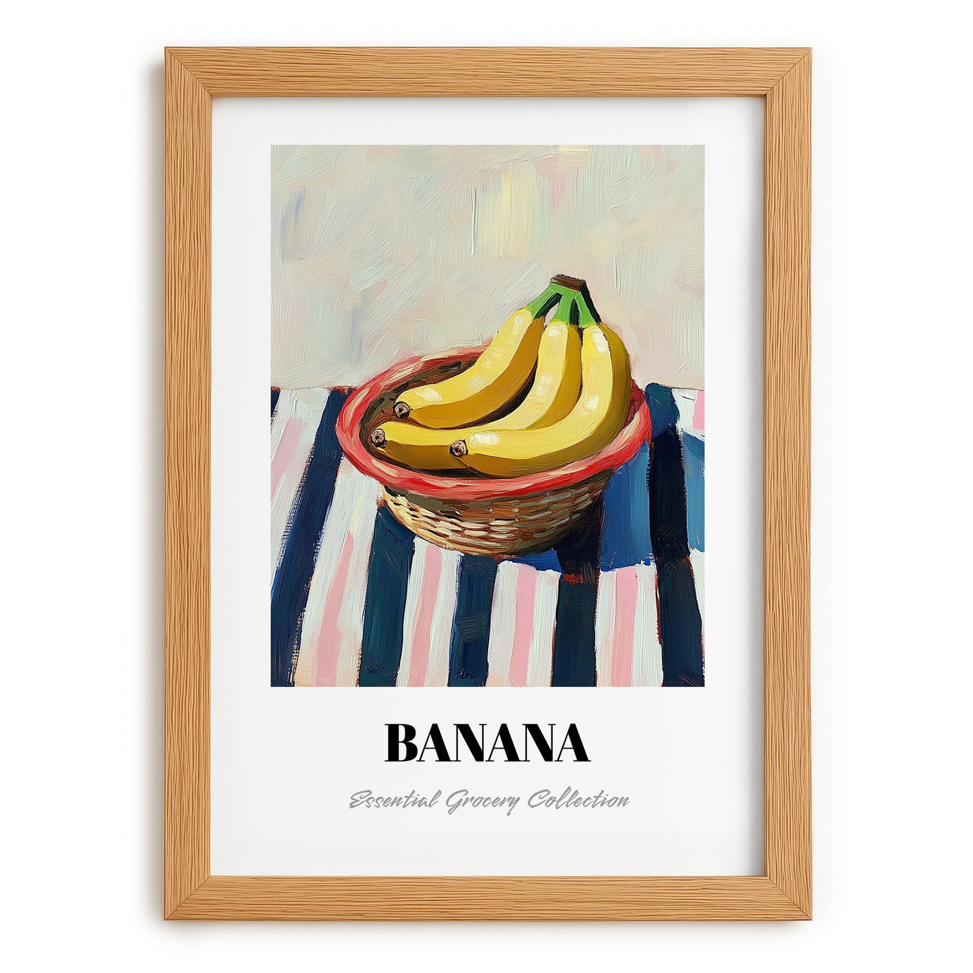 Banana – on Striped Tablecloth, Fruit Wall Decor, set in oak frame