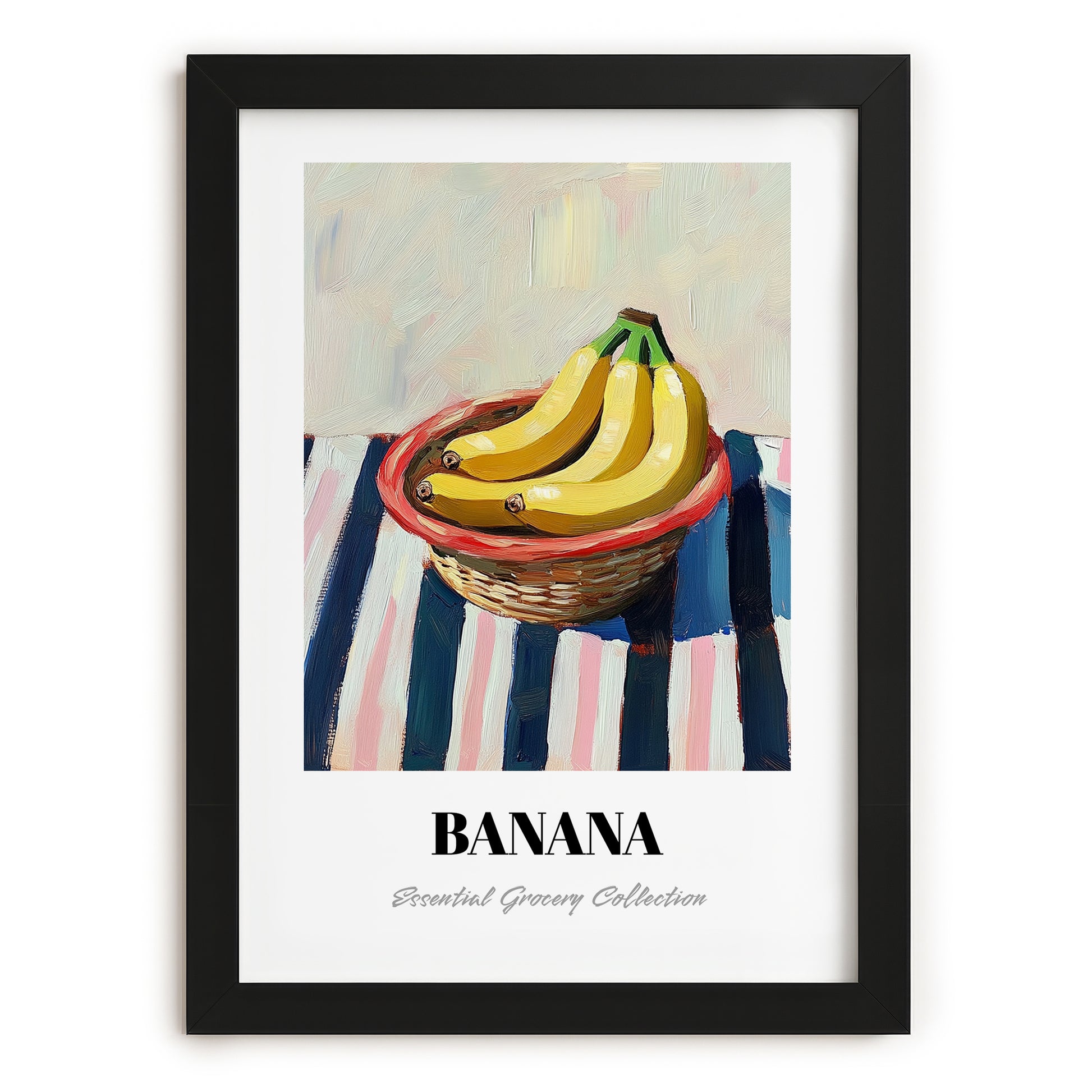 Banana – on Striped Tablecloth, Fruit Wall Decor, in sleek black frame