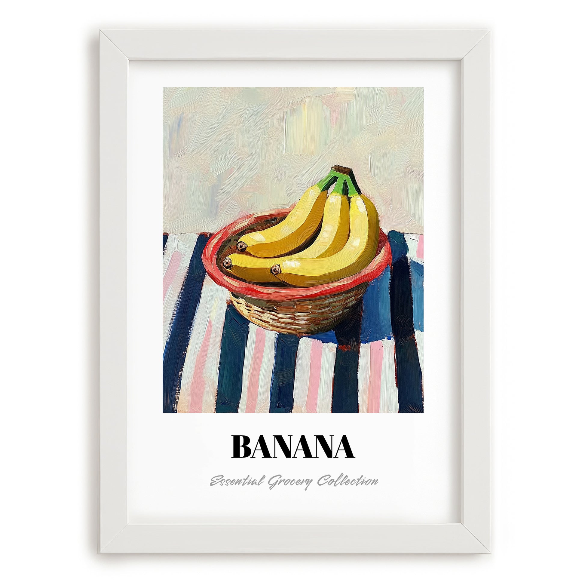 Banana – on Striped Tablecloth, Fruit Wall Decor, placed in minimal white frame