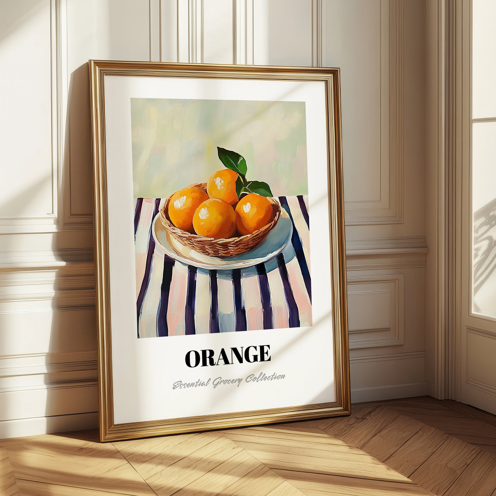 Orange – on Striped Tablecloth, Fruit Still Life