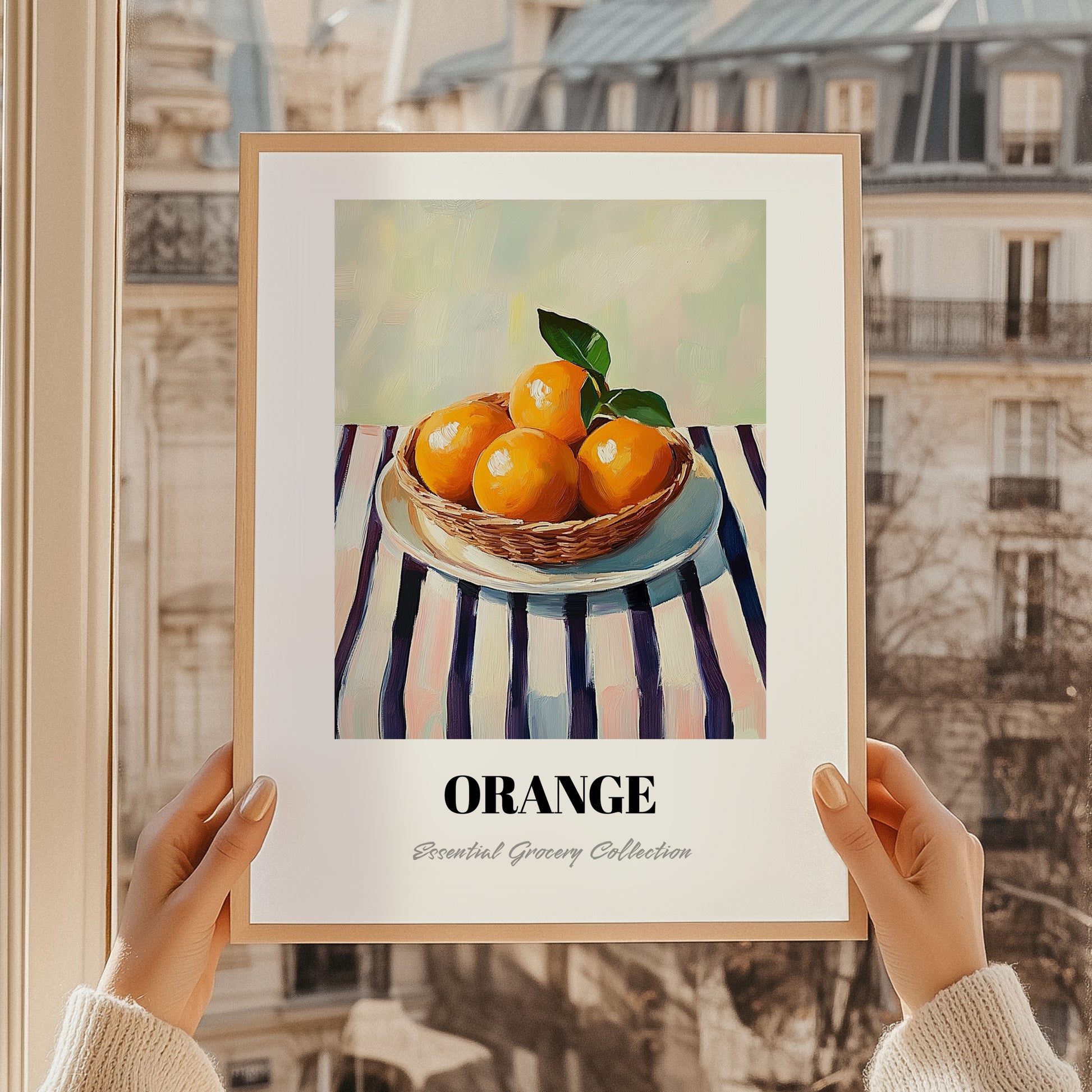 Orange – on Striped Tablecloth, Fruit Still Life, styled in a charming Paris street view