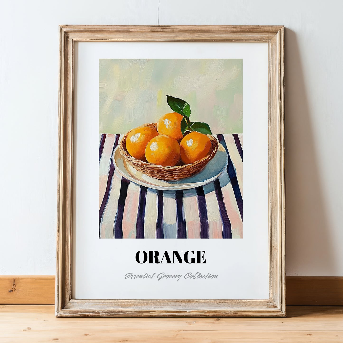 Orange – on Striped Tablecloth, Fruit Still Life, in wooden frame leaning on the floor