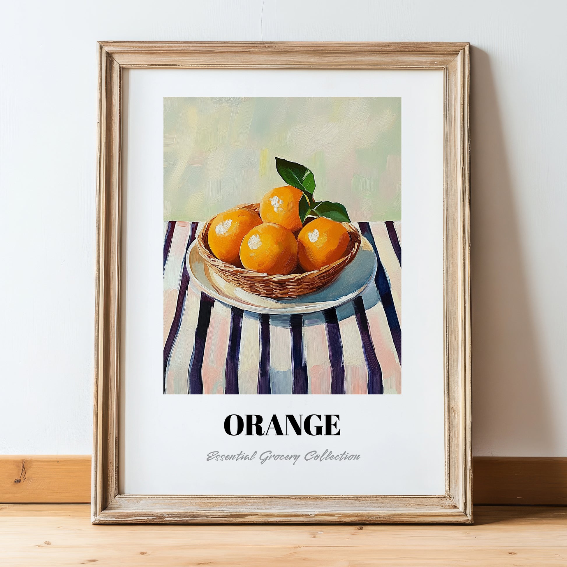 Orange – on Striped Tablecloth, Fruit Still Life, in wooden frame leaning on the floor