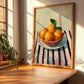 Orange – on Striped Tablecloth, Fruit Still Life, clean layout with no caption