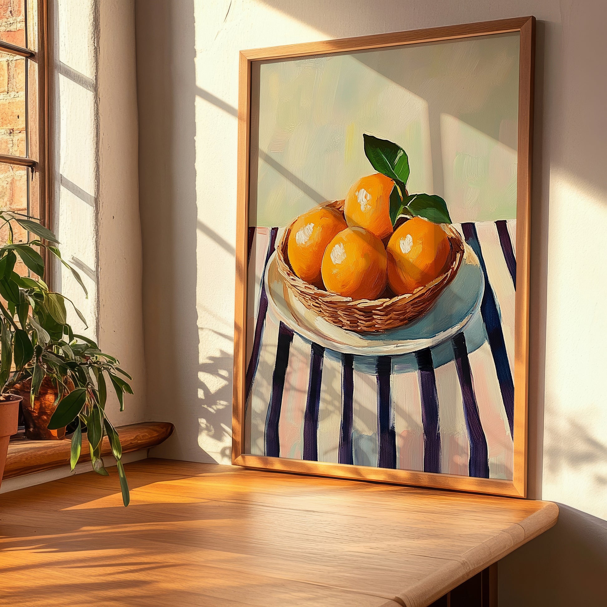 Orange – on Striped Tablecloth, Fruit Still Life, clean layout with no caption