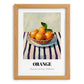 Orange – on Striped Tablecloth, Fruit Still Life, set in oak frame