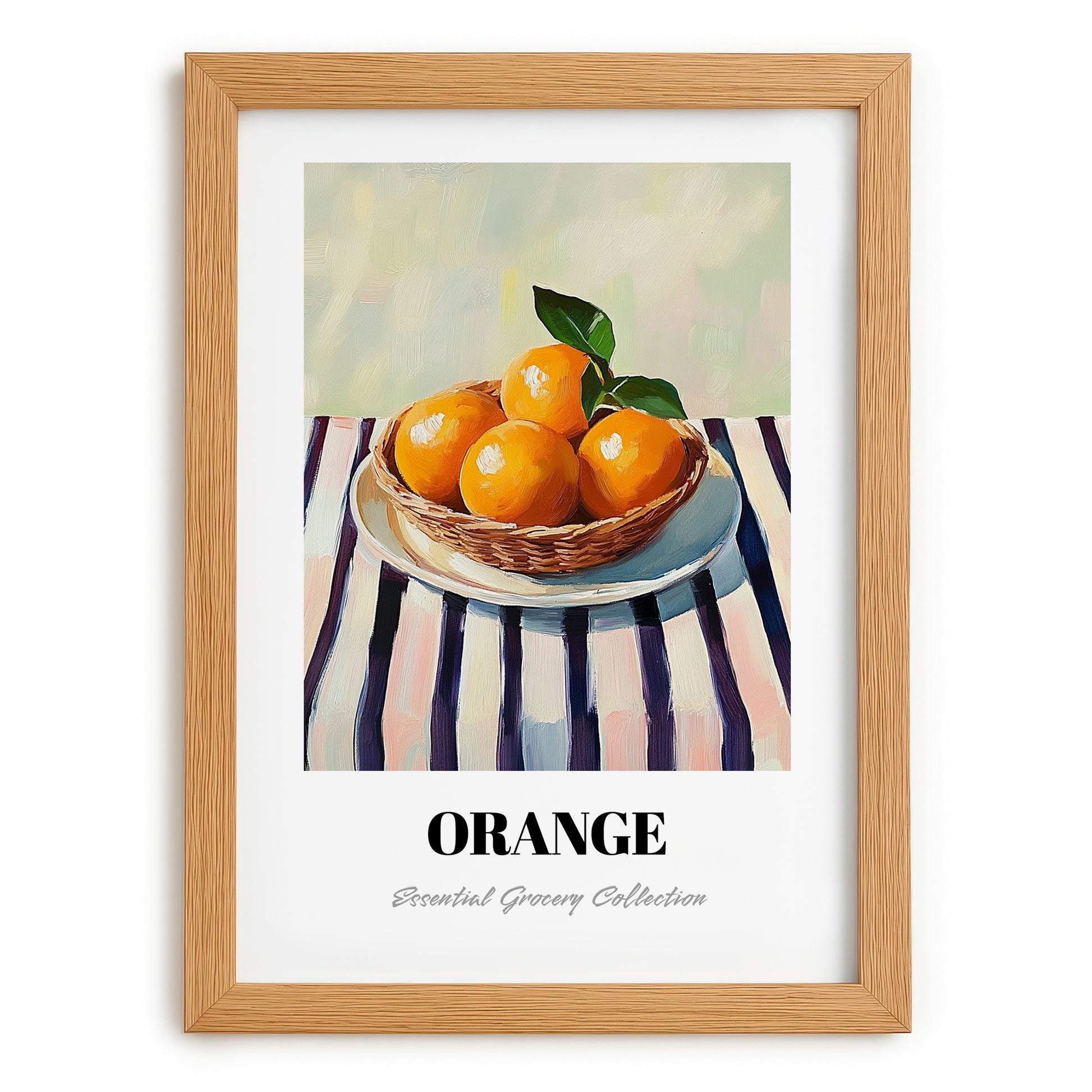 Orange – on Striped Tablecloth, Fruit Still Life, set in oak frame