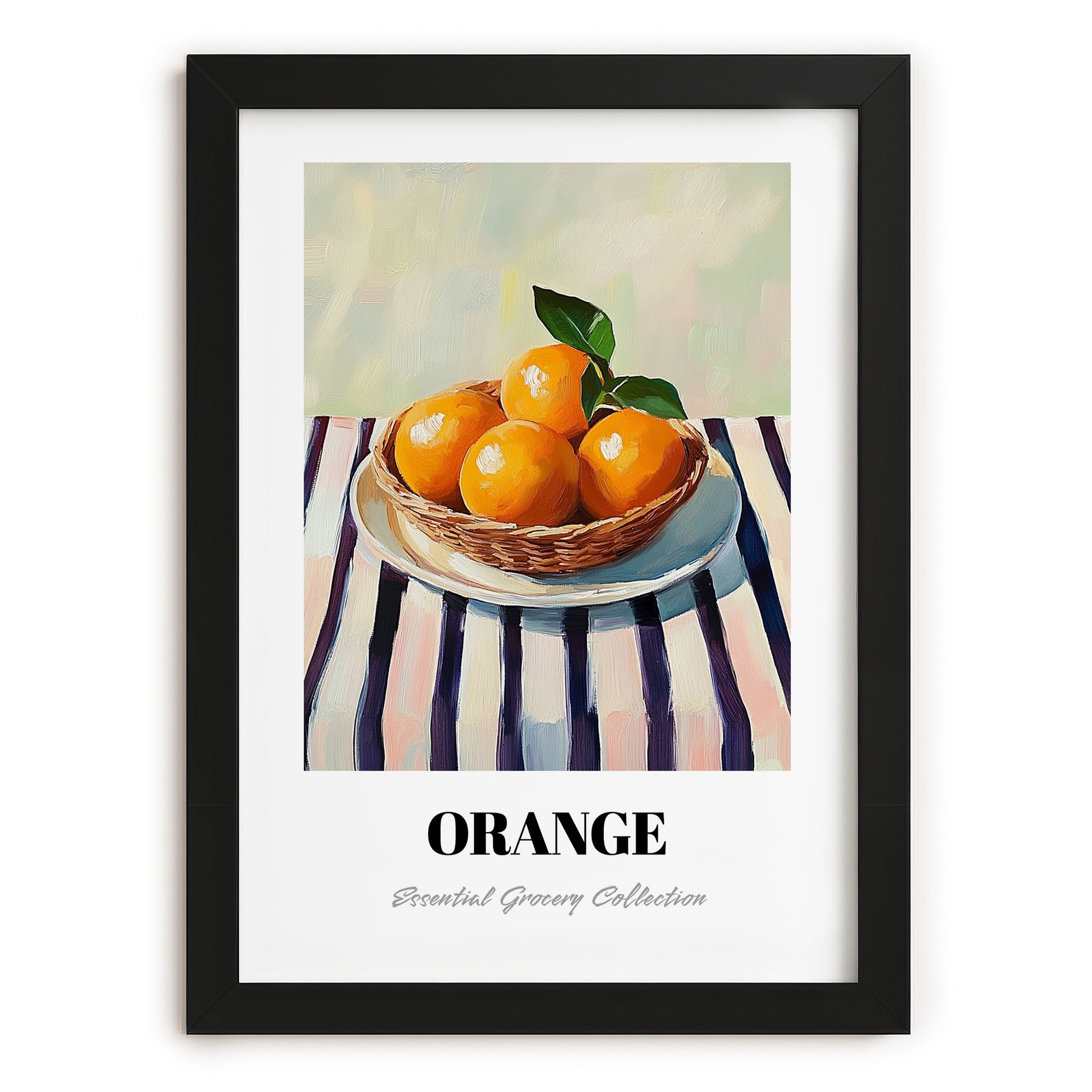 Orange – on Striped Tablecloth, Fruit Still Life, in sleek black frame