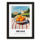 Orange – Valley Café Scene, Fruit Painting, in sleek black frame