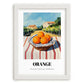 Orange – Valley Café Scene, Fruit Painting, placed in minimal white frame