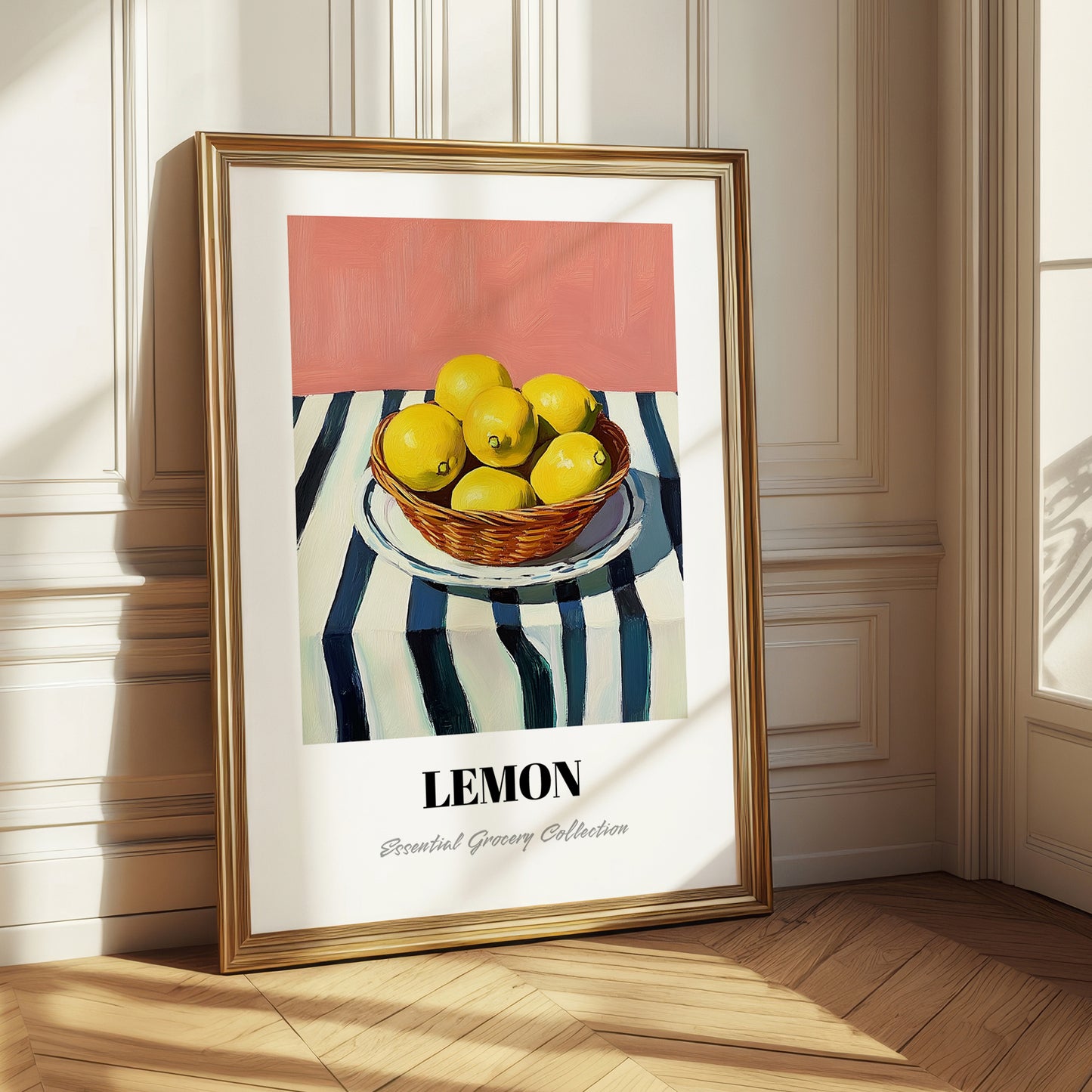 Lemon – on Striped Tablecloth, Fruit Painting