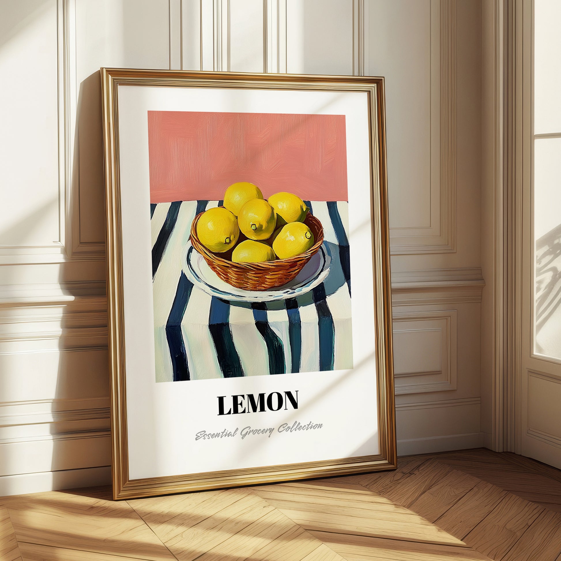 Lemon – on Striped Tablecloth, Fruit Painting
