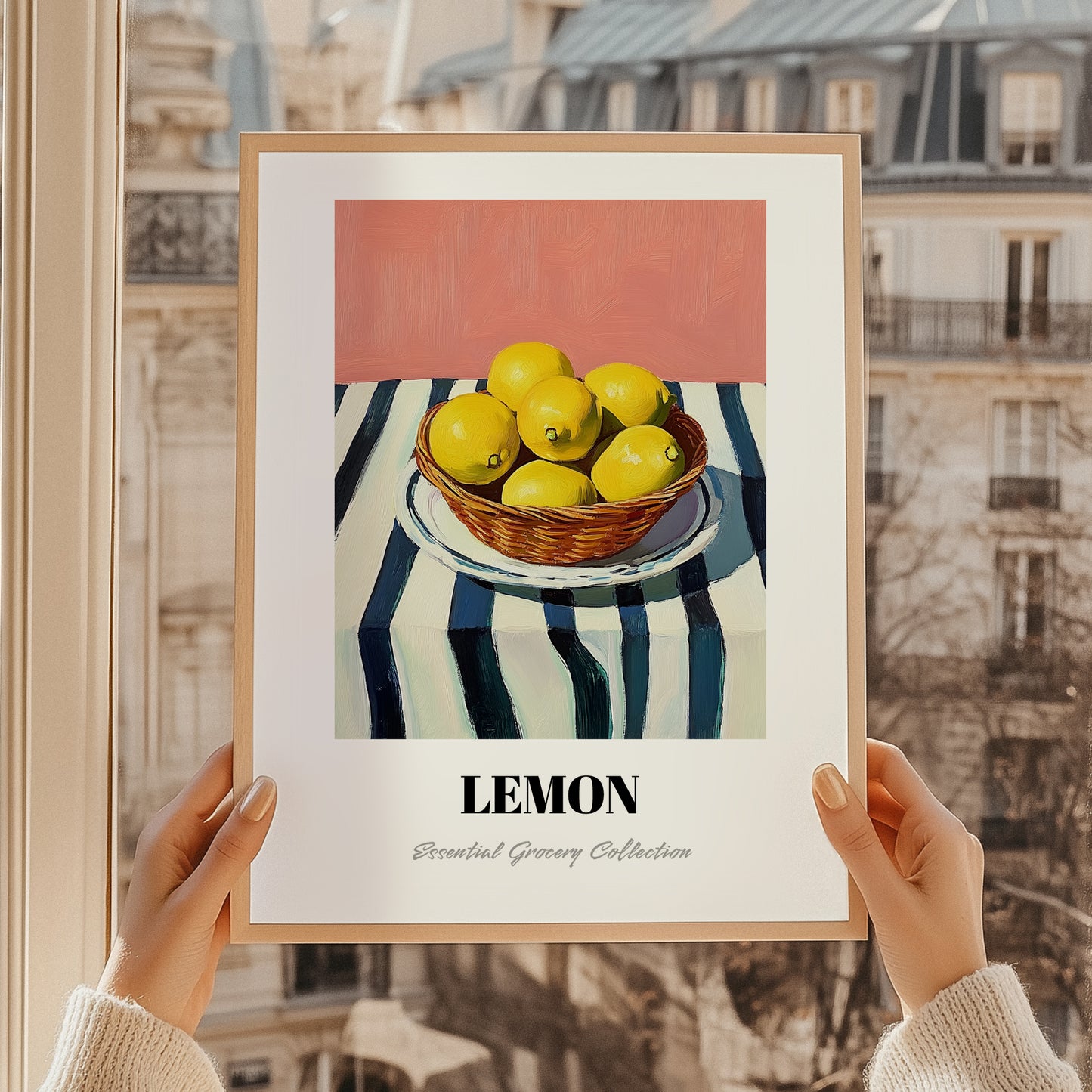Lemon – on Striped Tablecloth, Fruit Painting, styled in a charming Paris street view