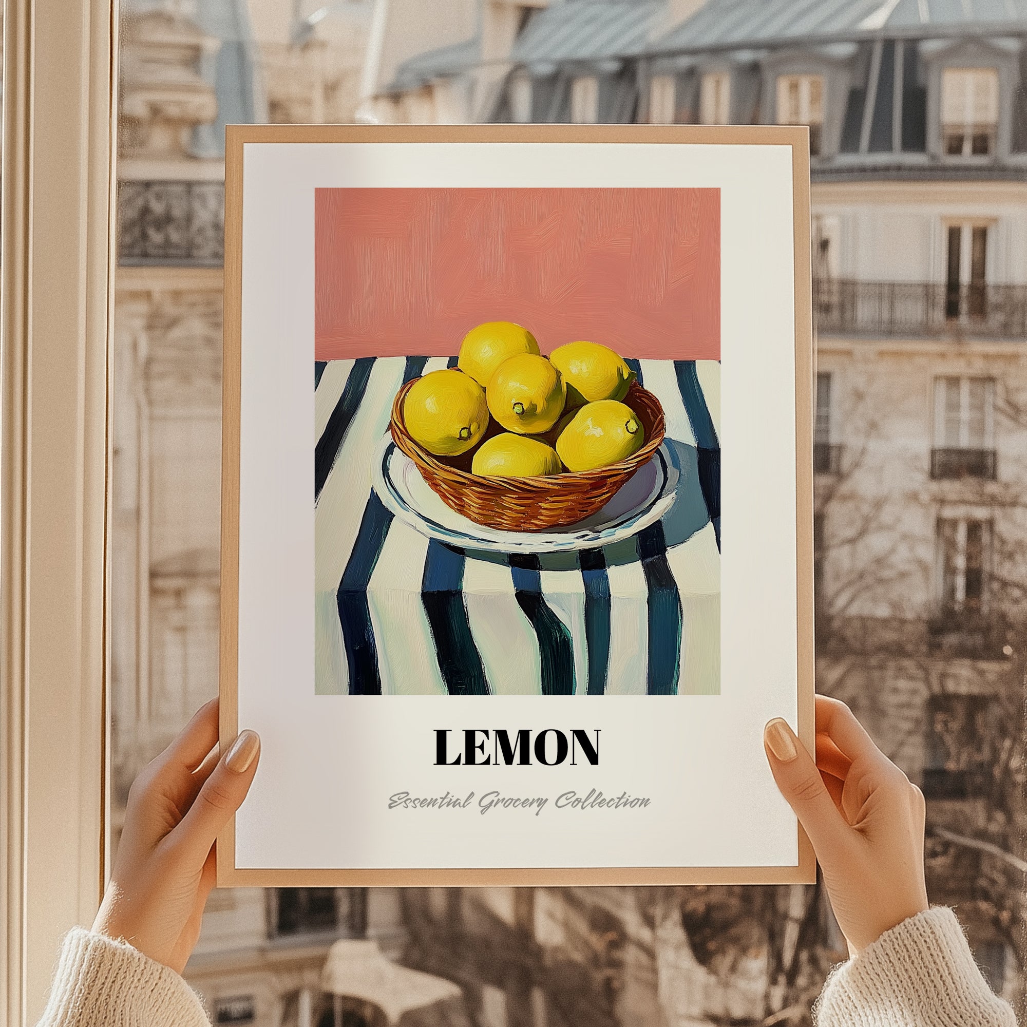 Lemon – on Striped Tablecloth, Fruit Painting, styled in a charming Paris street view