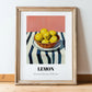 Lemon – on Striped Tablecloth, Fruit Painting, in wooden frame leaning on the floor