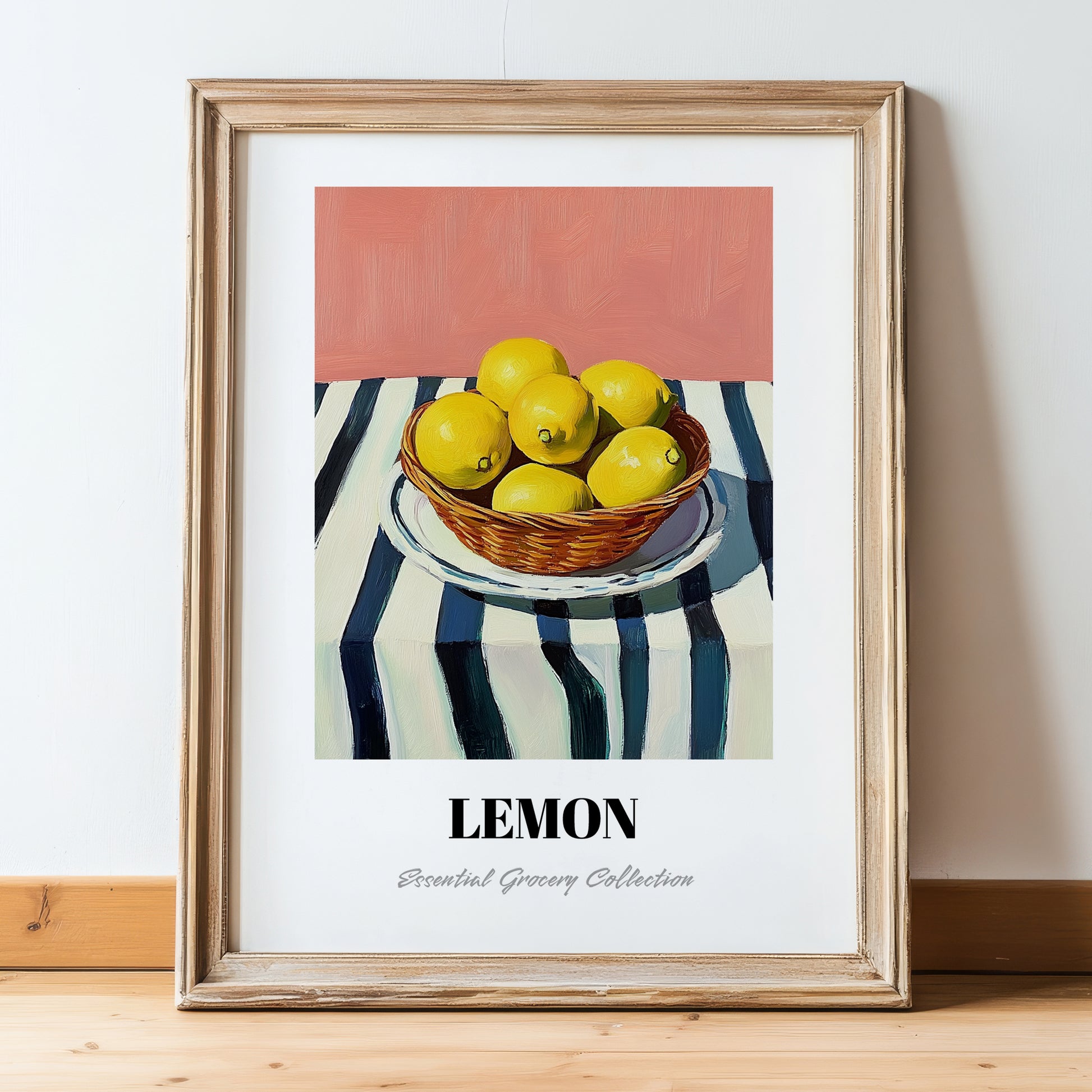 Lemon – on Striped Tablecloth, Fruit Painting, in wooden frame leaning on the floor
