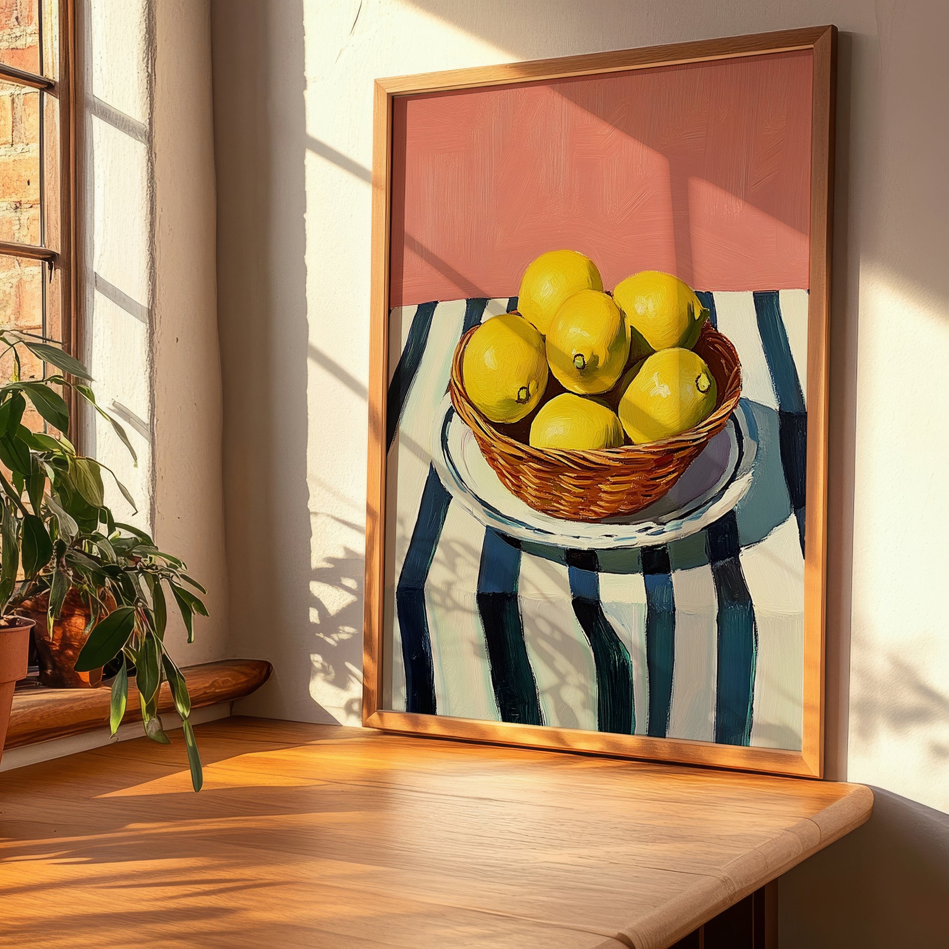 Lemon – on Striped Tablecloth, Fruit Painting, clean layout with no caption