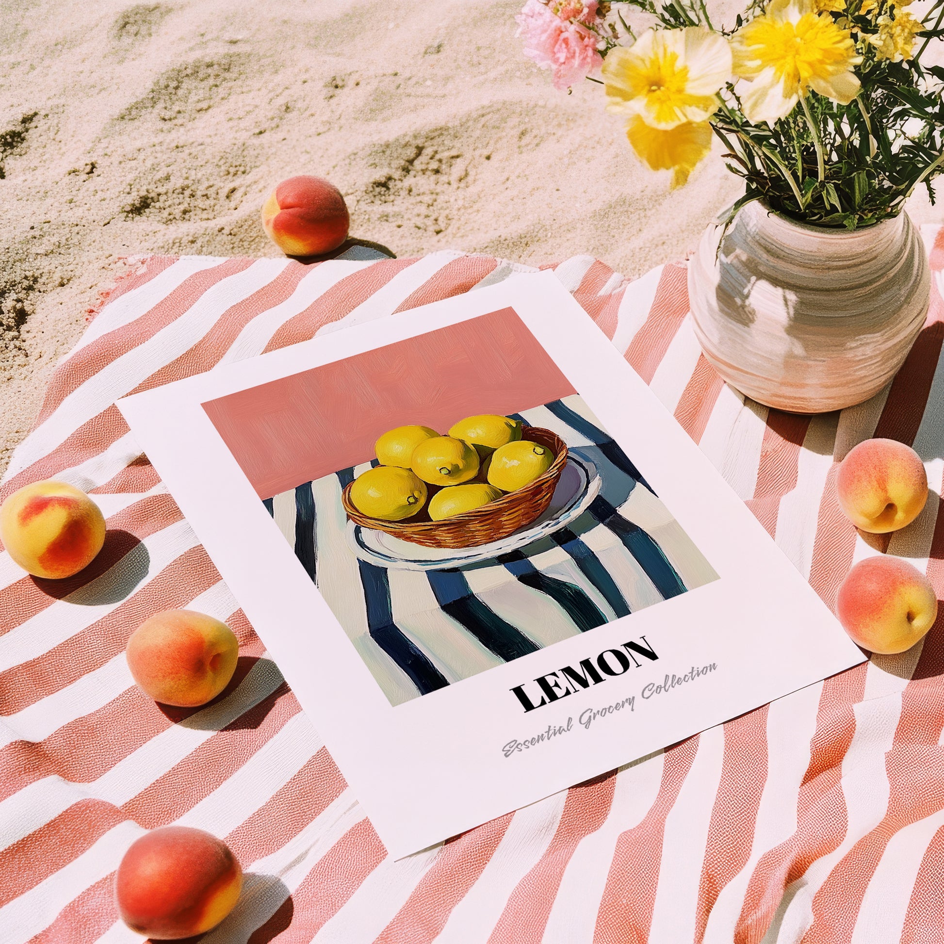 Lemon – on Striped Tablecloth, Fruit Painting, unframed on coastal sand