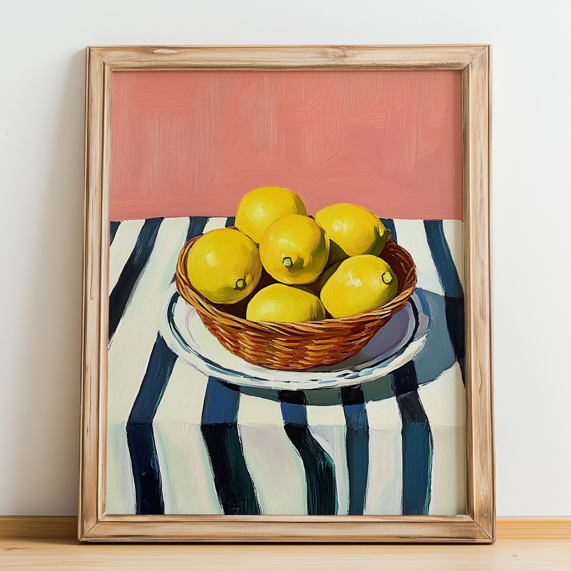 Lemon – on Striped Tablecloth, Fruit Painting, no-text version framed in wood