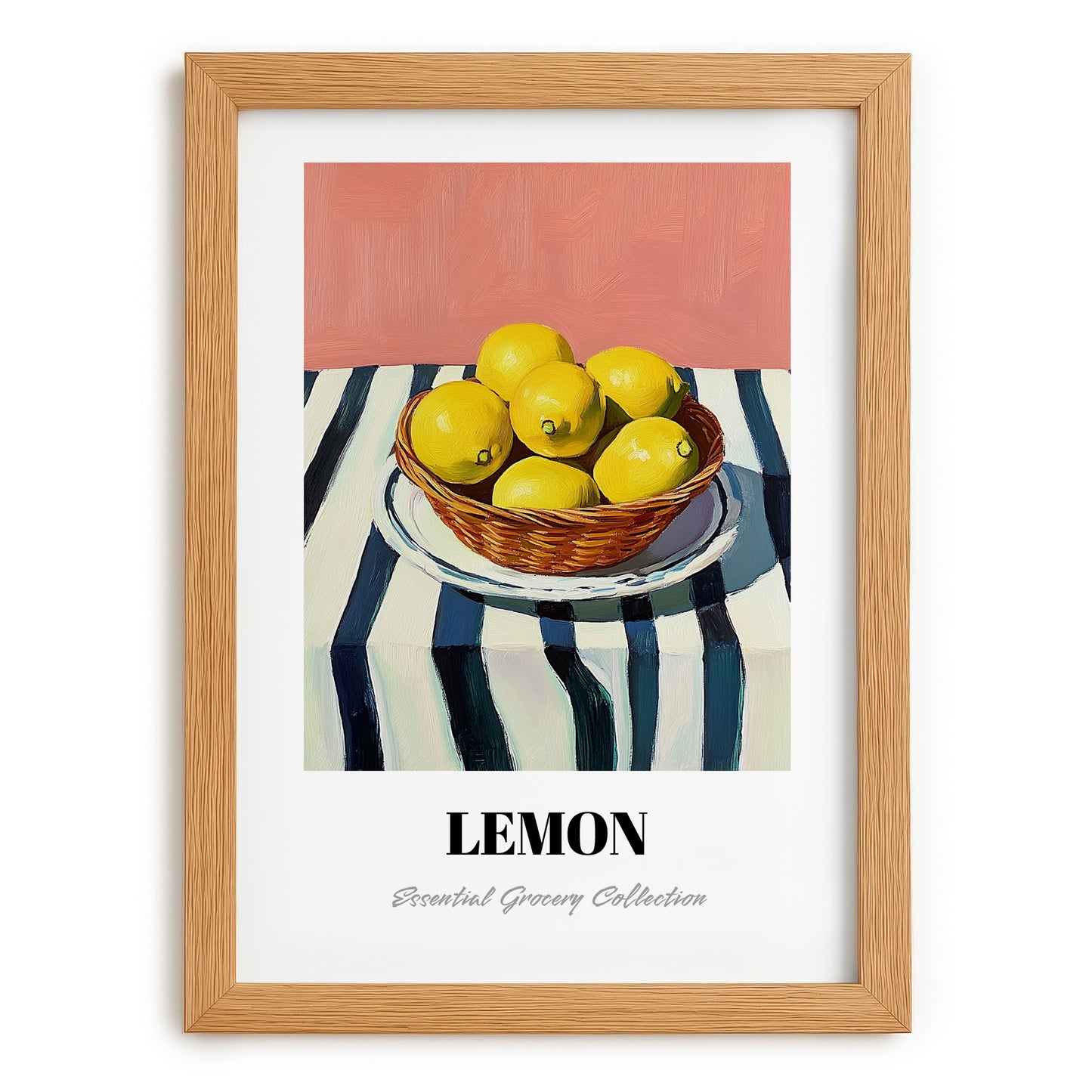 Lemon – on Striped Tablecloth, Fruit Painting, set in oak frame