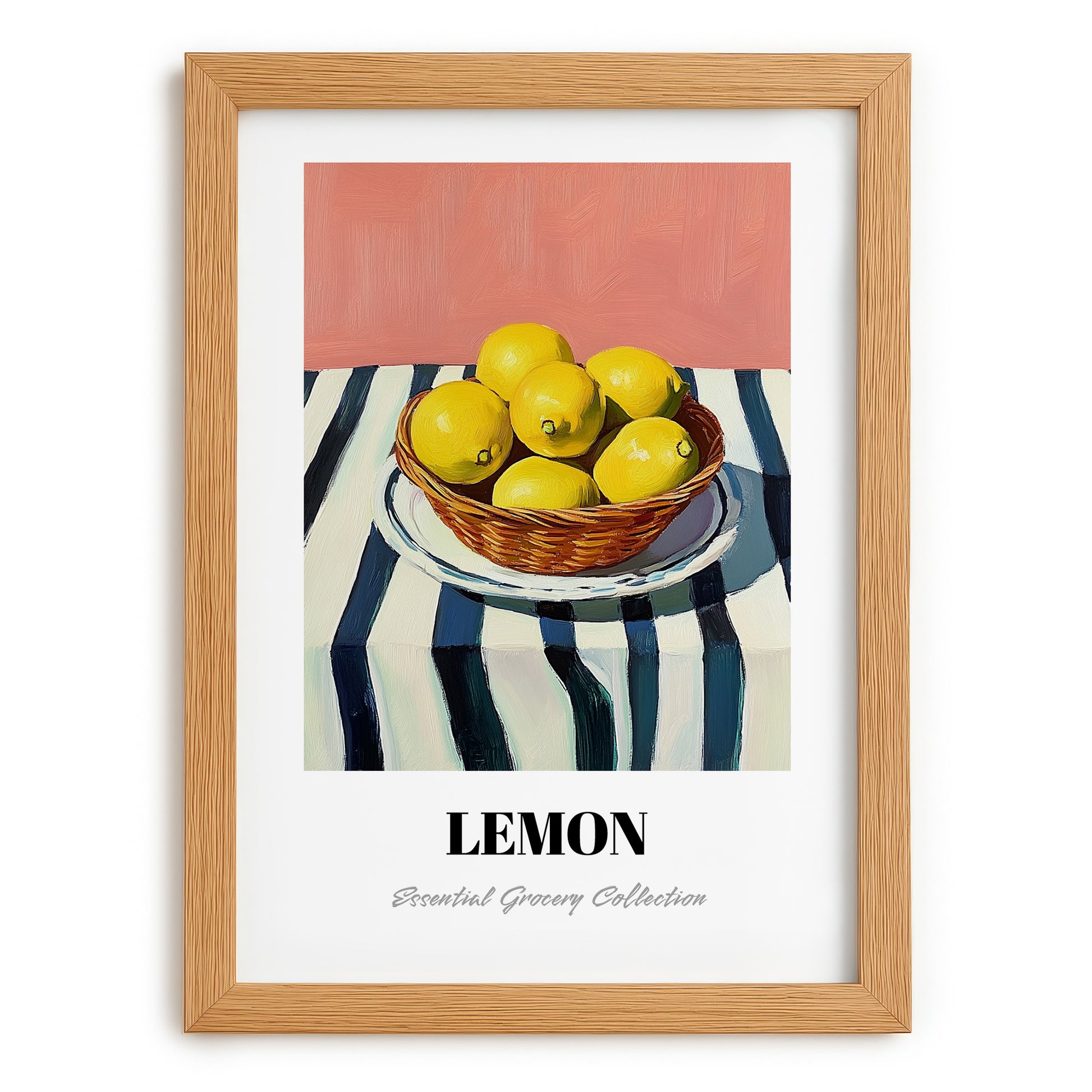 Lemon – on Striped Tablecloth, Fruit Painting, set in oak frame