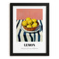Lemon – on Striped Tablecloth, Fruit Painting, in sleek black frame