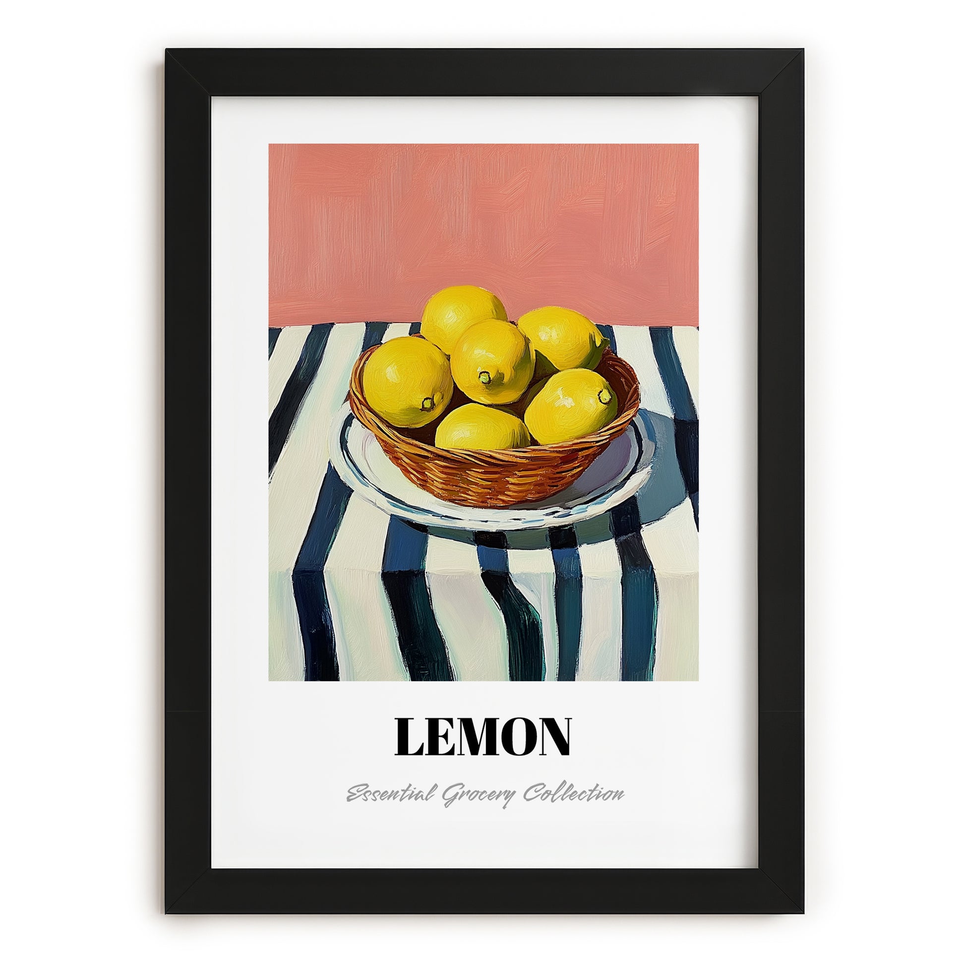Lemon – on Striped Tablecloth, Fruit Painting, in sleek black frame