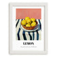 Lemon – on Striped Tablecloth, Fruit Painting, placed in minimal white frame