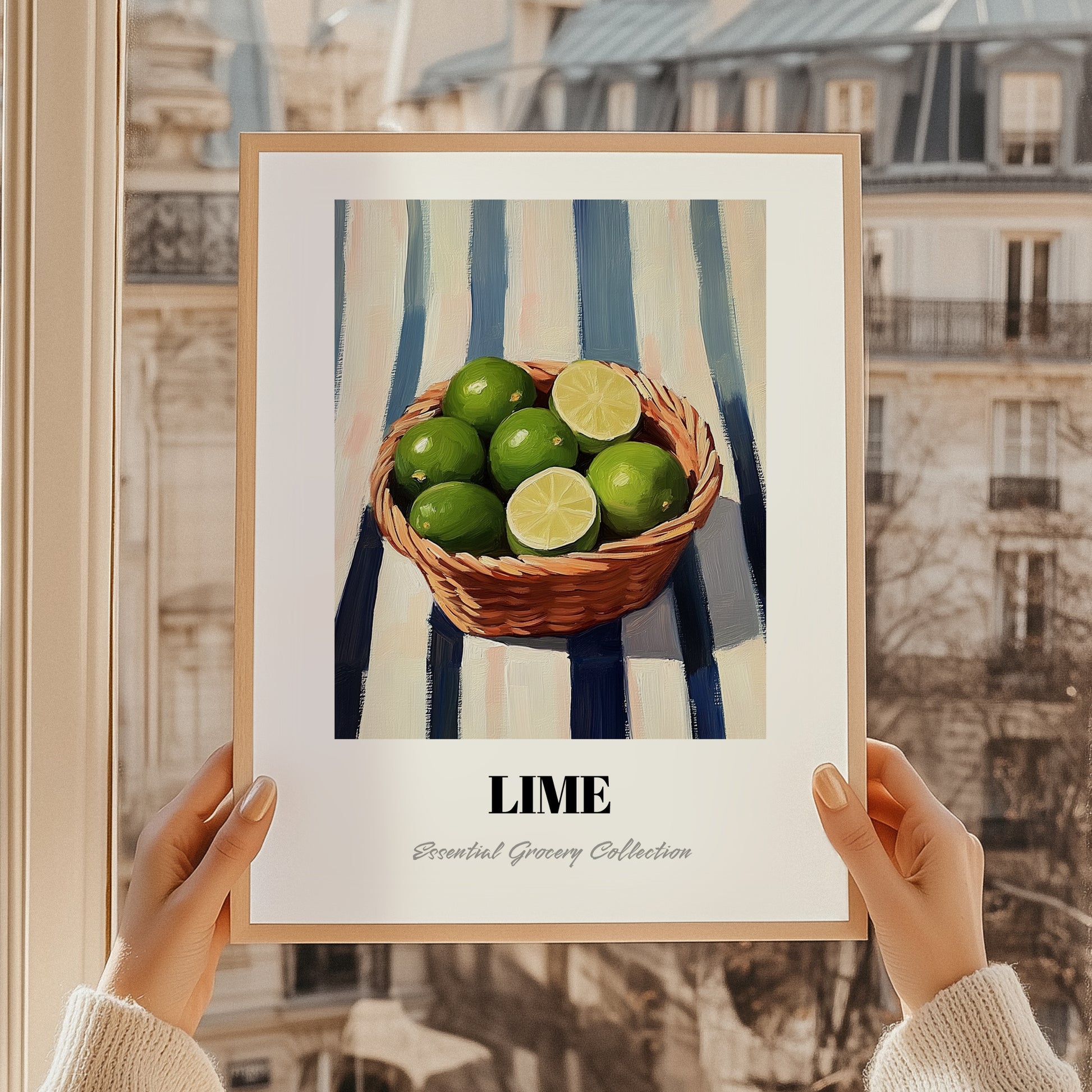 Lime – on Striped Tablecloth, Fruit Painting, styled in a charming Paris street view