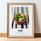 Lime – on Striped Tablecloth, Fruit Painting, in wooden frame leaning on the floor
