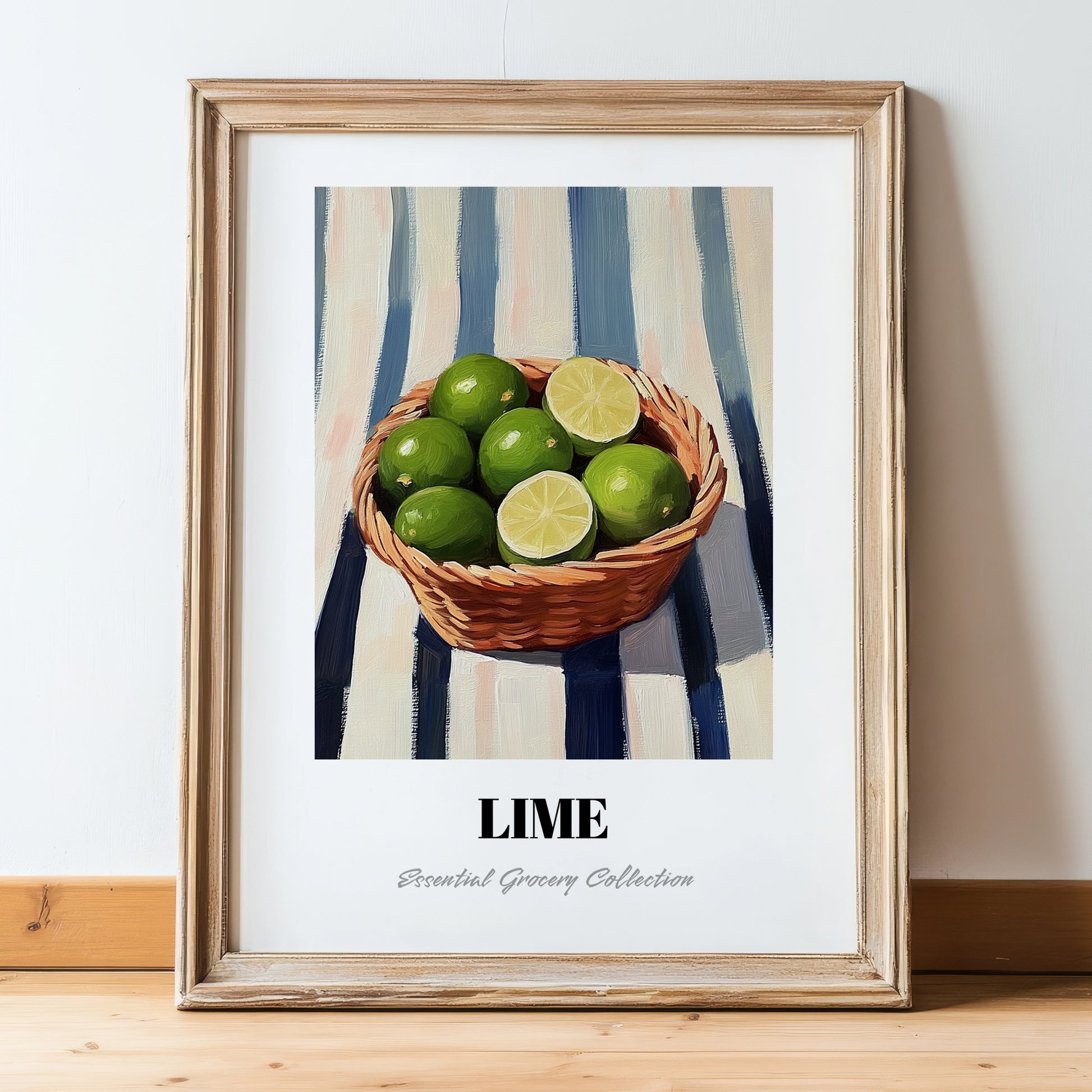 Lime – on Striped Tablecloth, Fruit Painting, in wooden frame leaning on the floor