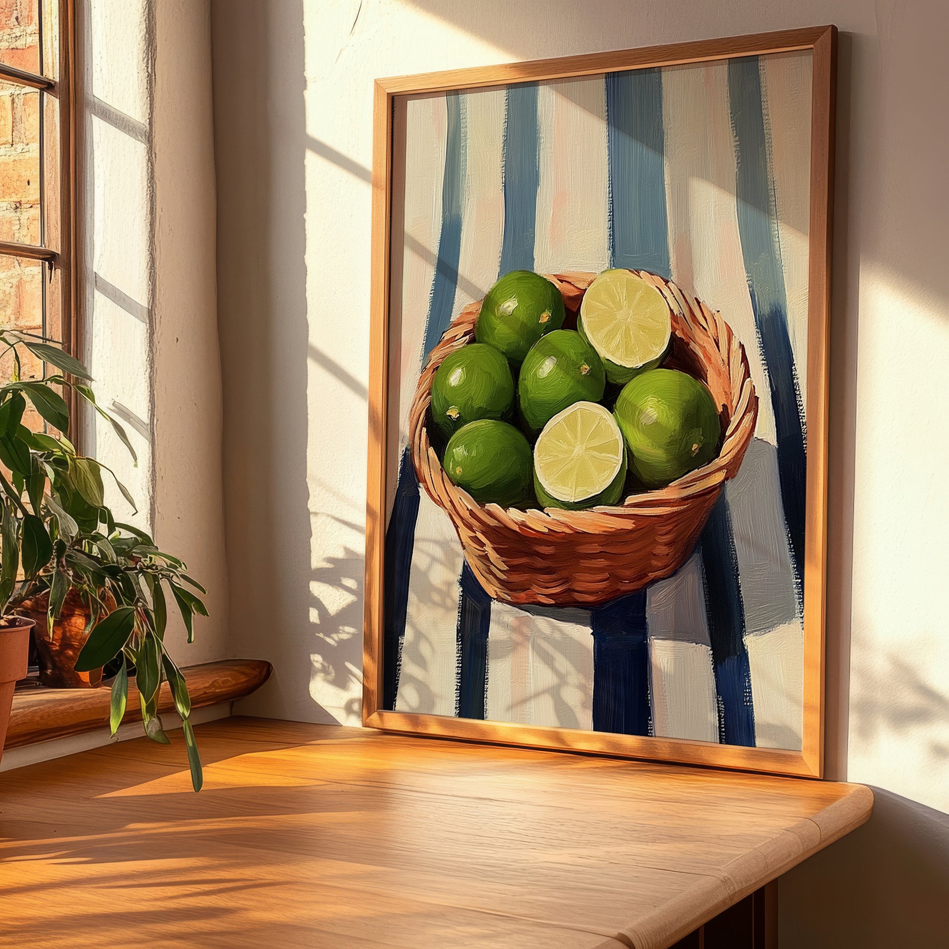Lime – on Striped Tablecloth, Fruit Painting, clean layout with no caption