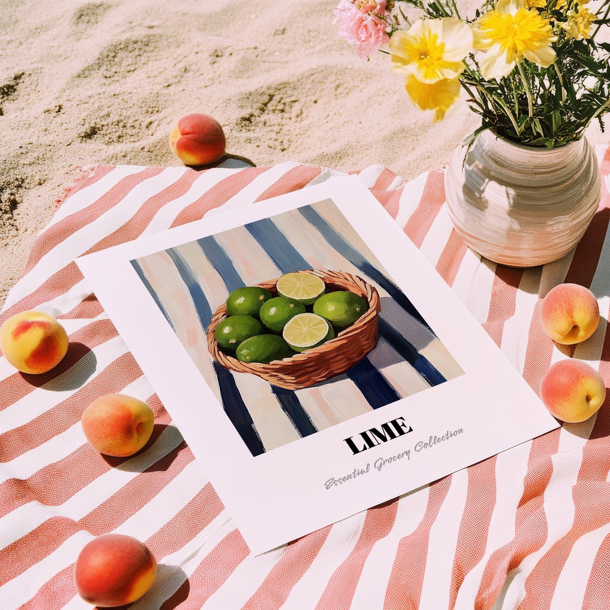 Lime – on Striped Tablecloth, Fruit Painting, unframed on coastal sand