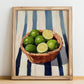 Lime – on Striped Tablecloth, Fruit Painting, no-text version framed in wood