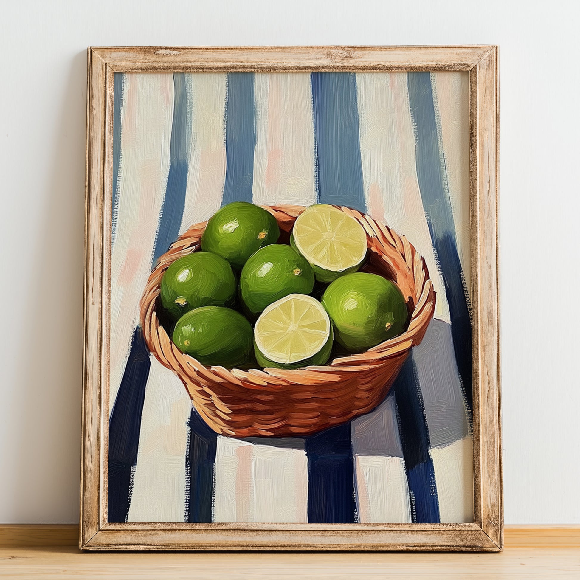 Lime – on Striped Tablecloth, Fruit Painting, no-text version framed in wood