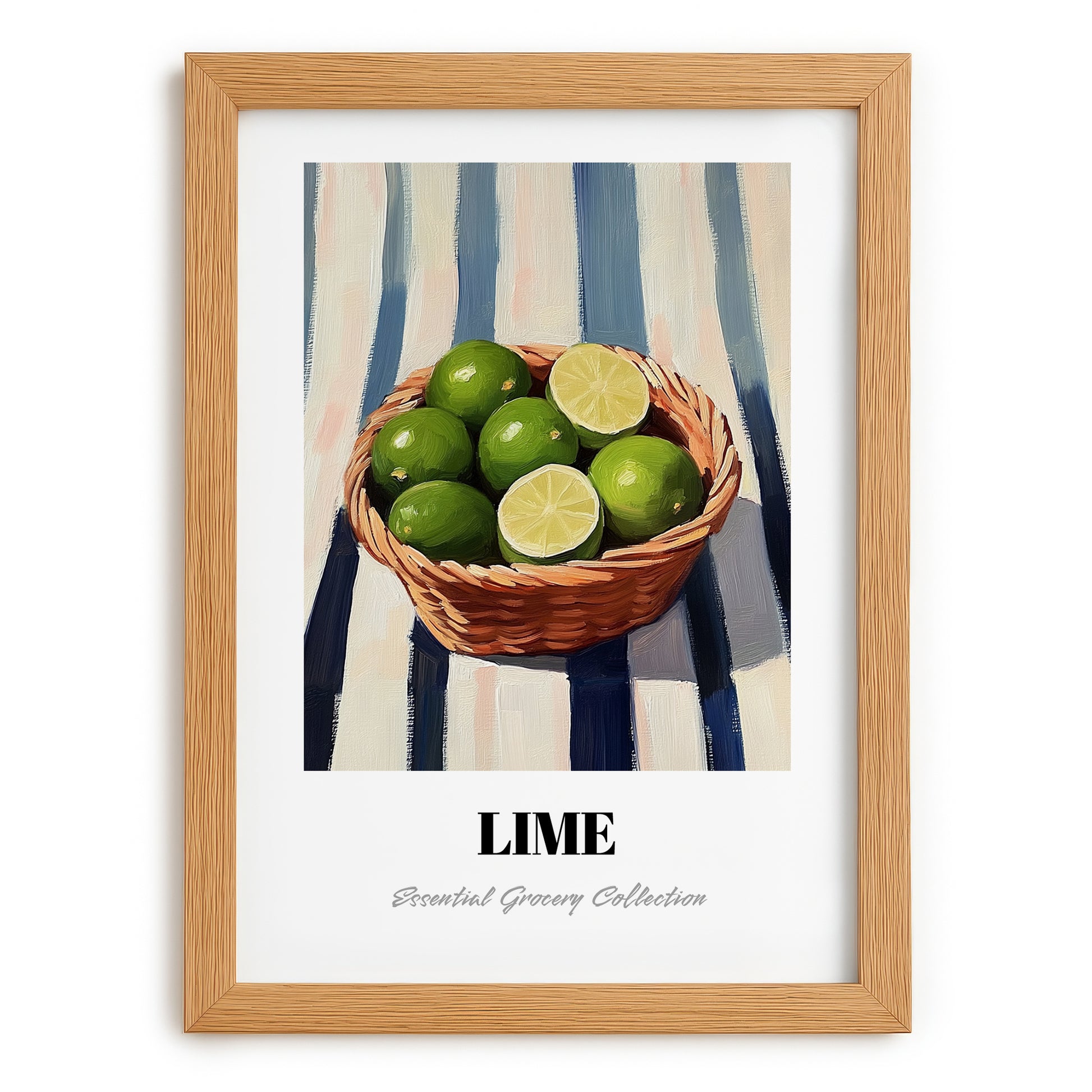 Lime – on Striped Tablecloth, Fruit Painting, set in oak frame