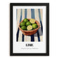Lime – on Striped Tablecloth, Fruit Painting, in sleek black frame