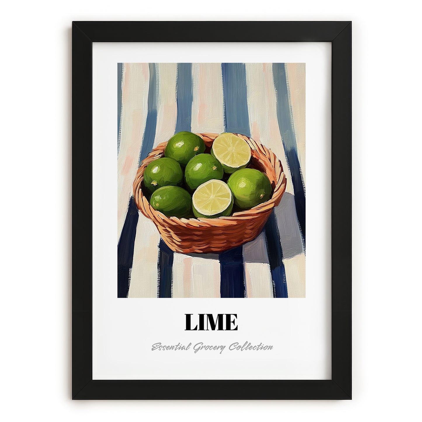 Lime – on Striped Tablecloth, Fruit Painting, in sleek black frame