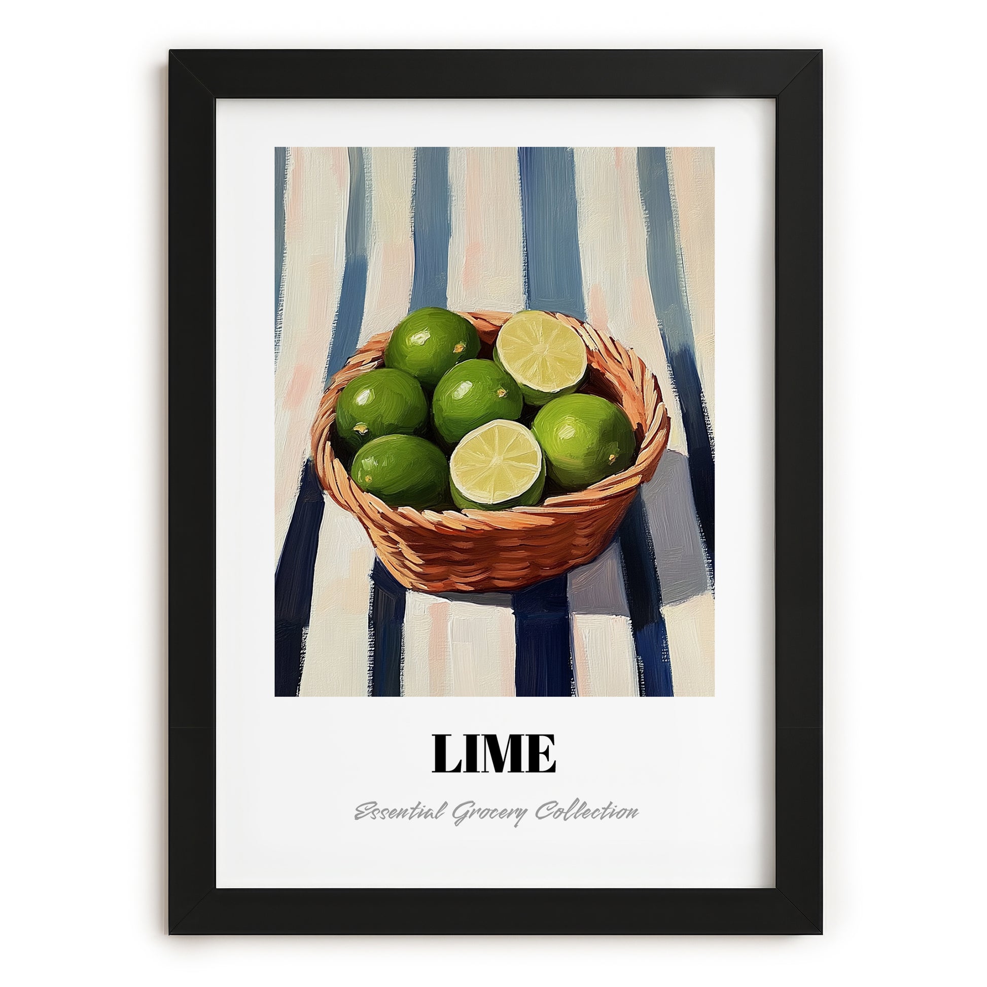 Lime – on Striped Tablecloth, Fruit Painting, in sleek black frame